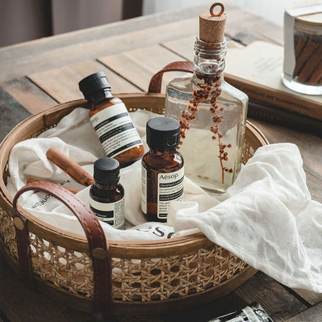 Handwoven Rattan Basket with Leather Handles | Baskets For Storage