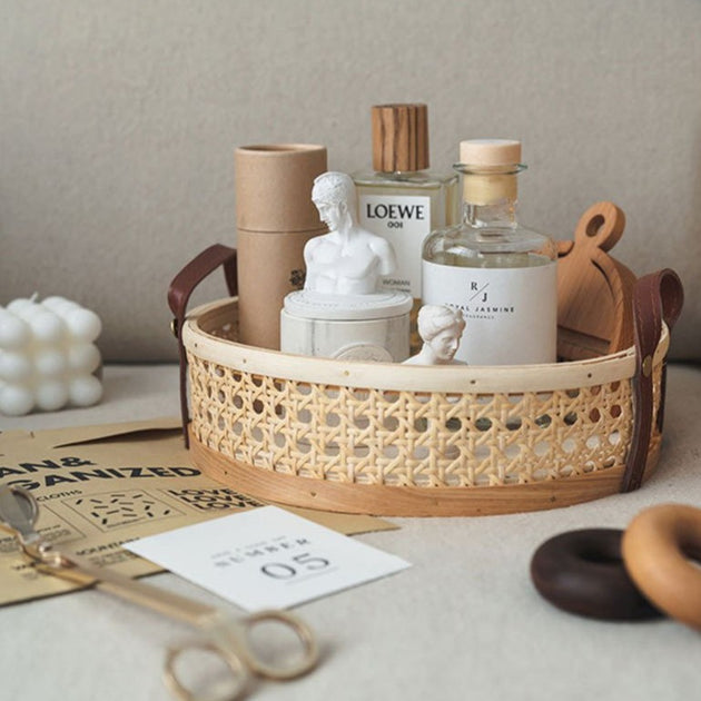 Handwoven Rattan Basket with Leather Handles | Baskets For