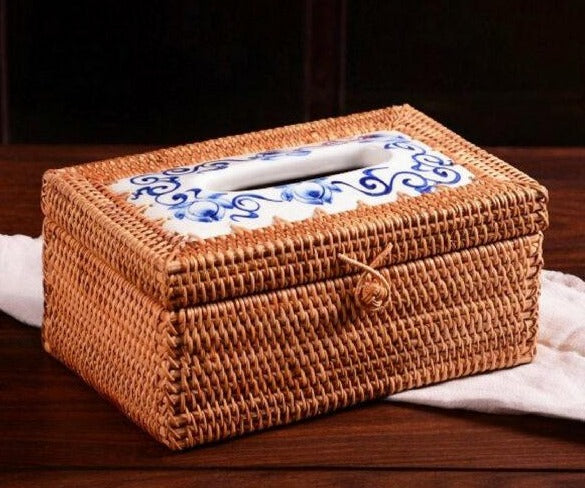 Rattan and Ceramic Tissue Box | Baskets for Storage Shelves