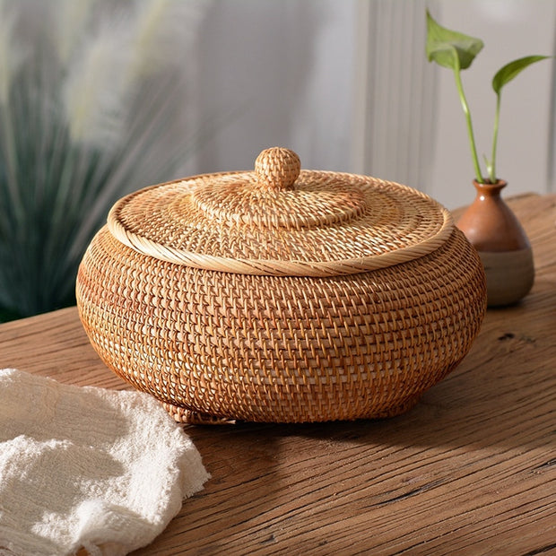 Hand-Woven Round Rattan Boxes with Lid | Baskets for Storage Shelves