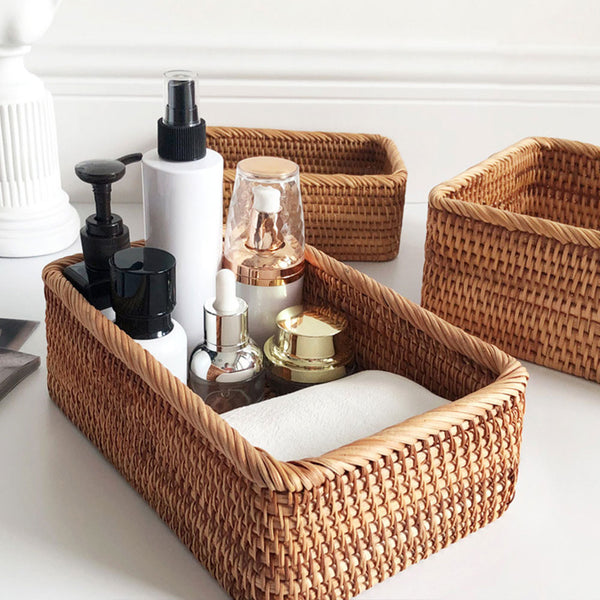 Bathroom Storage Wicker Basket, Vanity Decor Tray With Handles