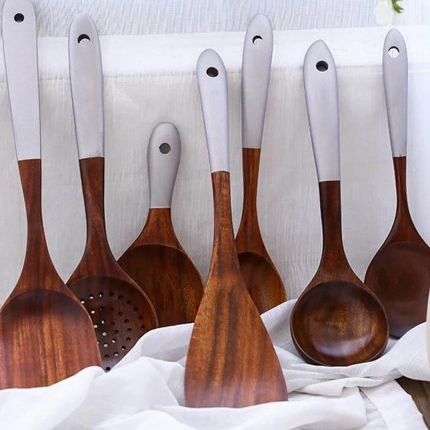 Natural Teak Wooden Spatula Set - White | Kitchen utensils