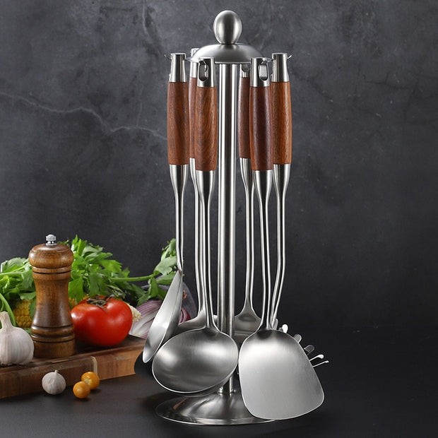 Stainless Steel Kitchen Spatula Set - Wood and Silver | Kitchen utensils
