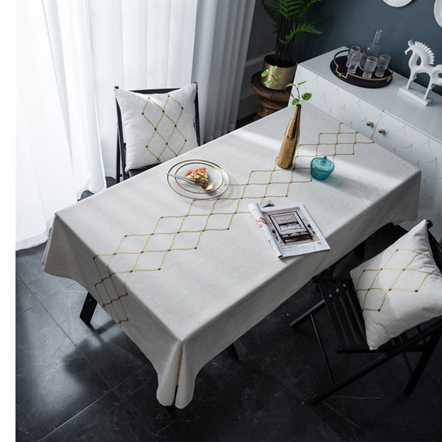 Luxury Linen Gold Embroidered Tablecloth| Home decor for living room