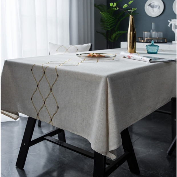 Luxury Linen Gold Embroidered Tablecloth| Home decor for living room